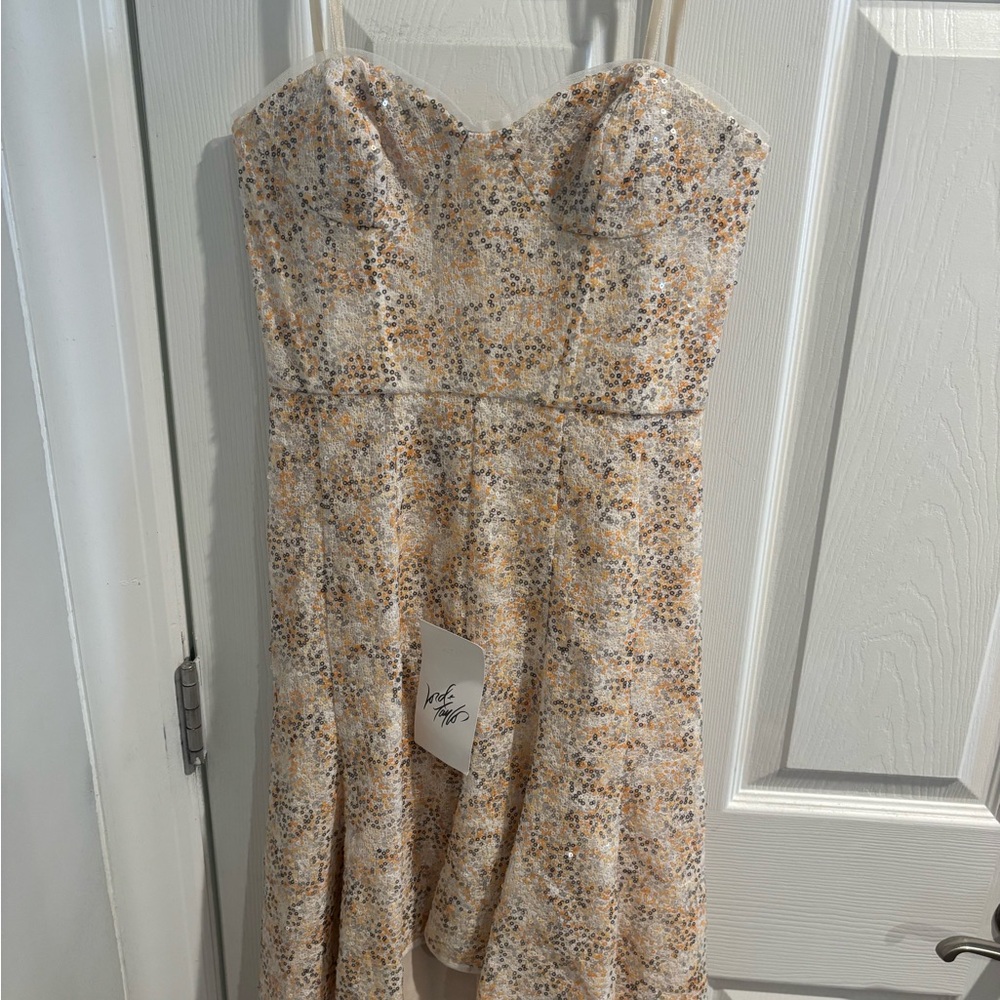 BCBGMaxAzria Strapless Floral Midi Dress in Cream and Gold Tones